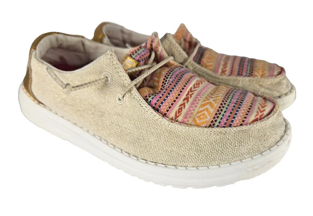 HEYDUDE Wendy Kids Size 5 Natural Multi Boho Festival Casual Slip On Shoes